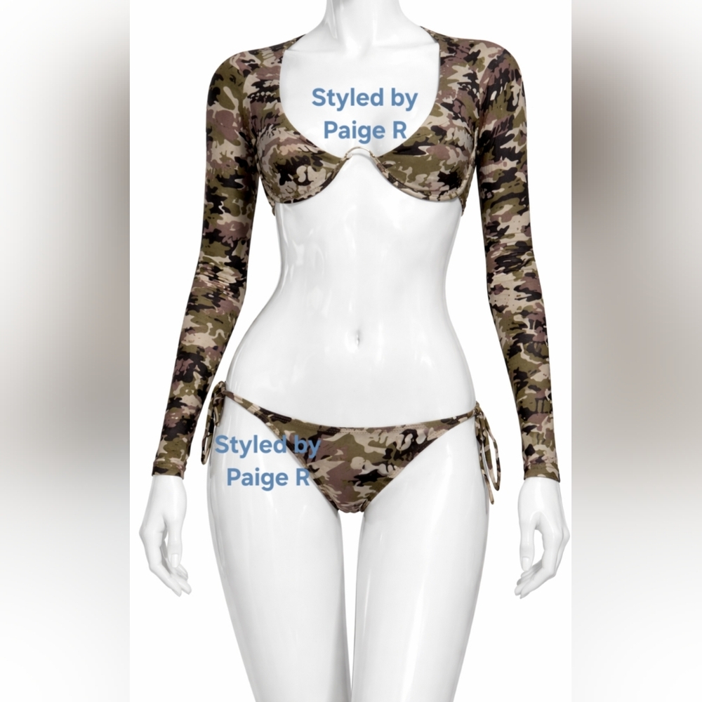 NWT SKIMS Swim Underwire Long Sleeve Top Tie Bikini Swimsuit Suit Set CAMO 3X 4X